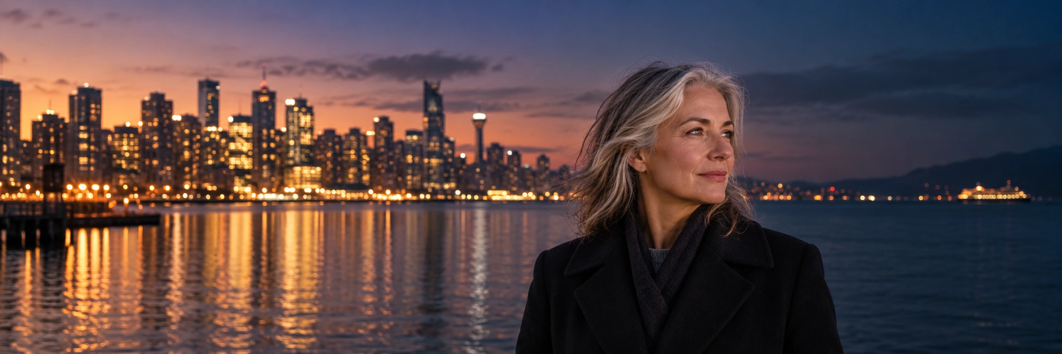 Age-Friendly Business A thoughtful woman overlooking a waterfront city at sunset.