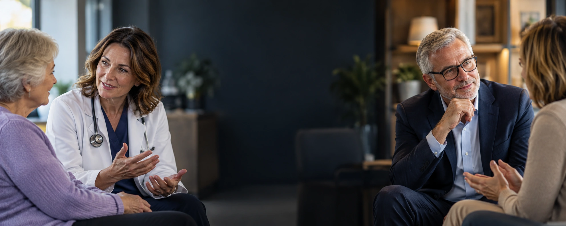 Age-Friendly Business A physician listening to an older patient and a business adviser talking with a client.