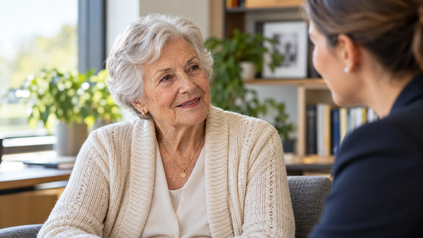 Age-Friendly Business An older woman confidently discussing her choices with a professional.