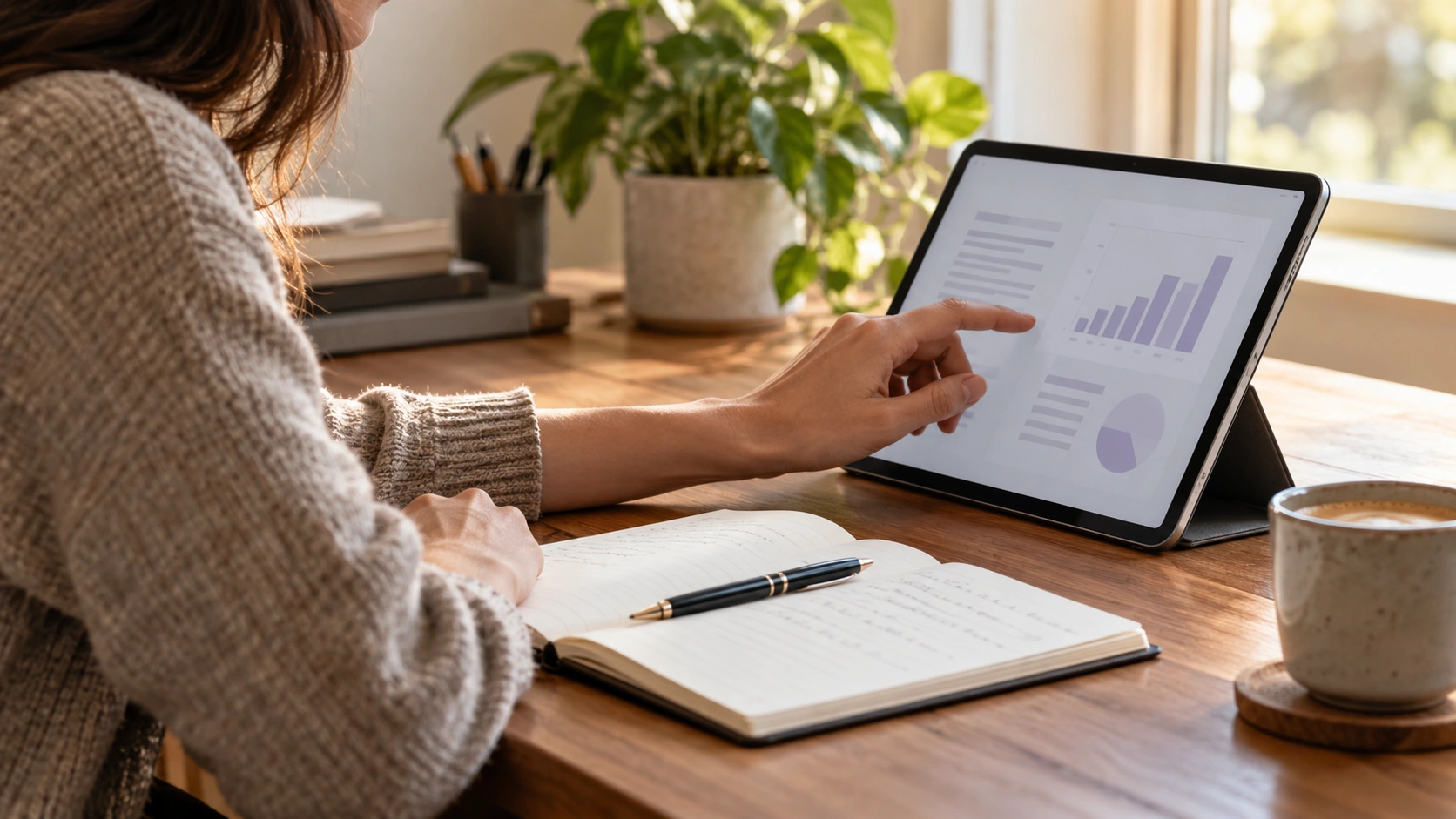 Age-Friendly Business Practical learning resources on a tablet beside a notebook.